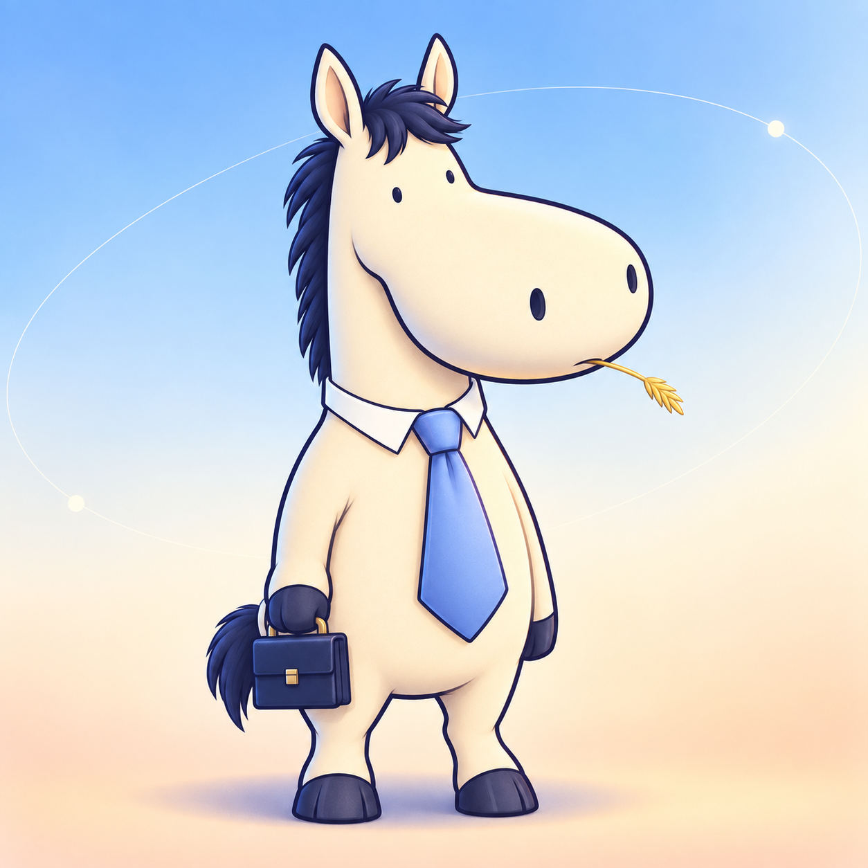 Stableboi, a cream horse wearing a blue tie and carrying a tiny briefcase